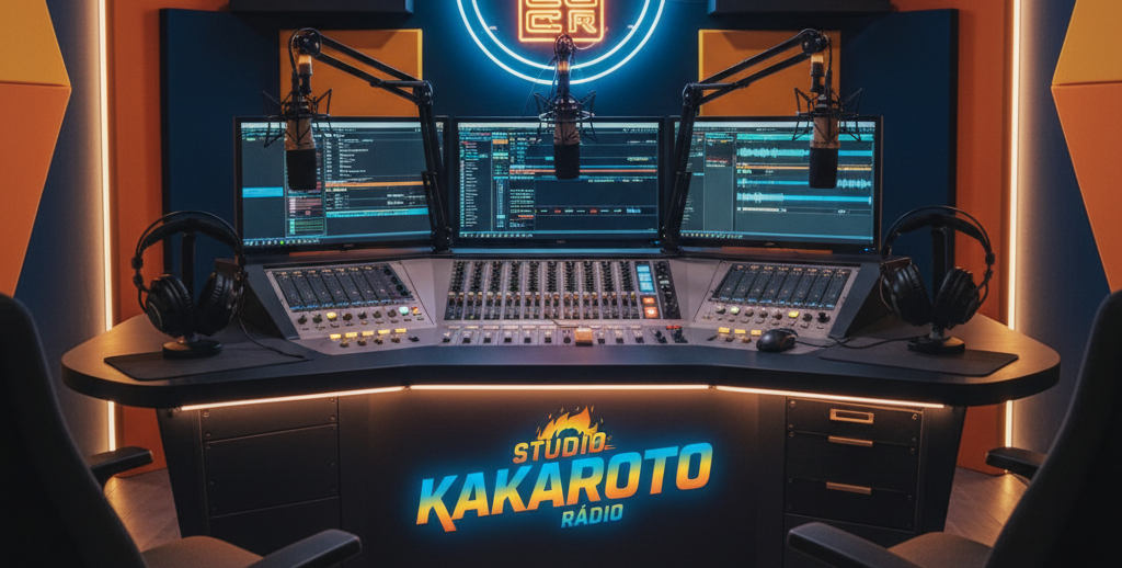 Foto do estúdio da Rádio Kakaroto com equipamentos e microfones